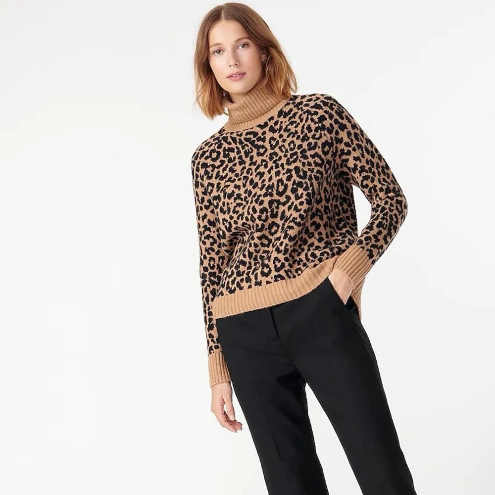 J.Crew Leopard Print Turtleneck Sweater in Softest Yarn Merino Wool Alpaca Blend